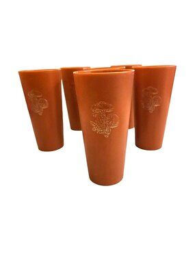 Vintage Tupperware Brown Plastic Tumblers With Gold Mushroom Design Set Of 6
